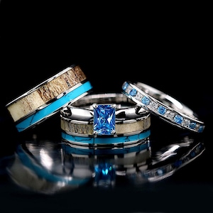 4 pc Deer Antler Ring Set Turquoise Rings His & Her Wedding Ring Set