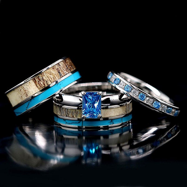 4 pc Deer Antler Ring Set Turquoise Rings His & Her Wedding Ring Set