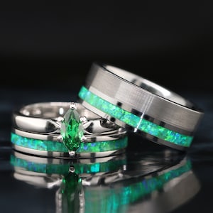His and Her 3 piece Opal Wedding Ring Set Green Opal Rings
