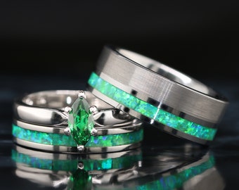 His and Her 3 piece Opal Wedding Ring Set Green Opal Rings