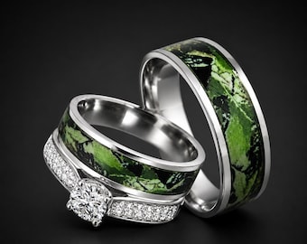 His and Hers Camo Wedding Ring Set Sterling Silver Stainless Steel Engagement Ring Set