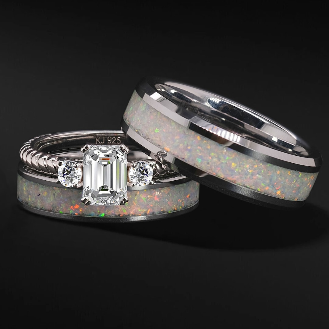3 Pcs Engagement Ring Set Sterling Silver Cubic Zirconia Ring for Men Tungsten Wedding Bands for