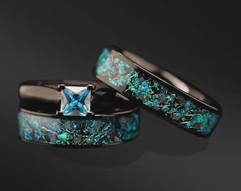 Ensemble 3 pièces de bagues météorites véritables et opale pour Lui et elle Ensemble de bagues de fiançailles en acier inoxydable bleu et vert princesse