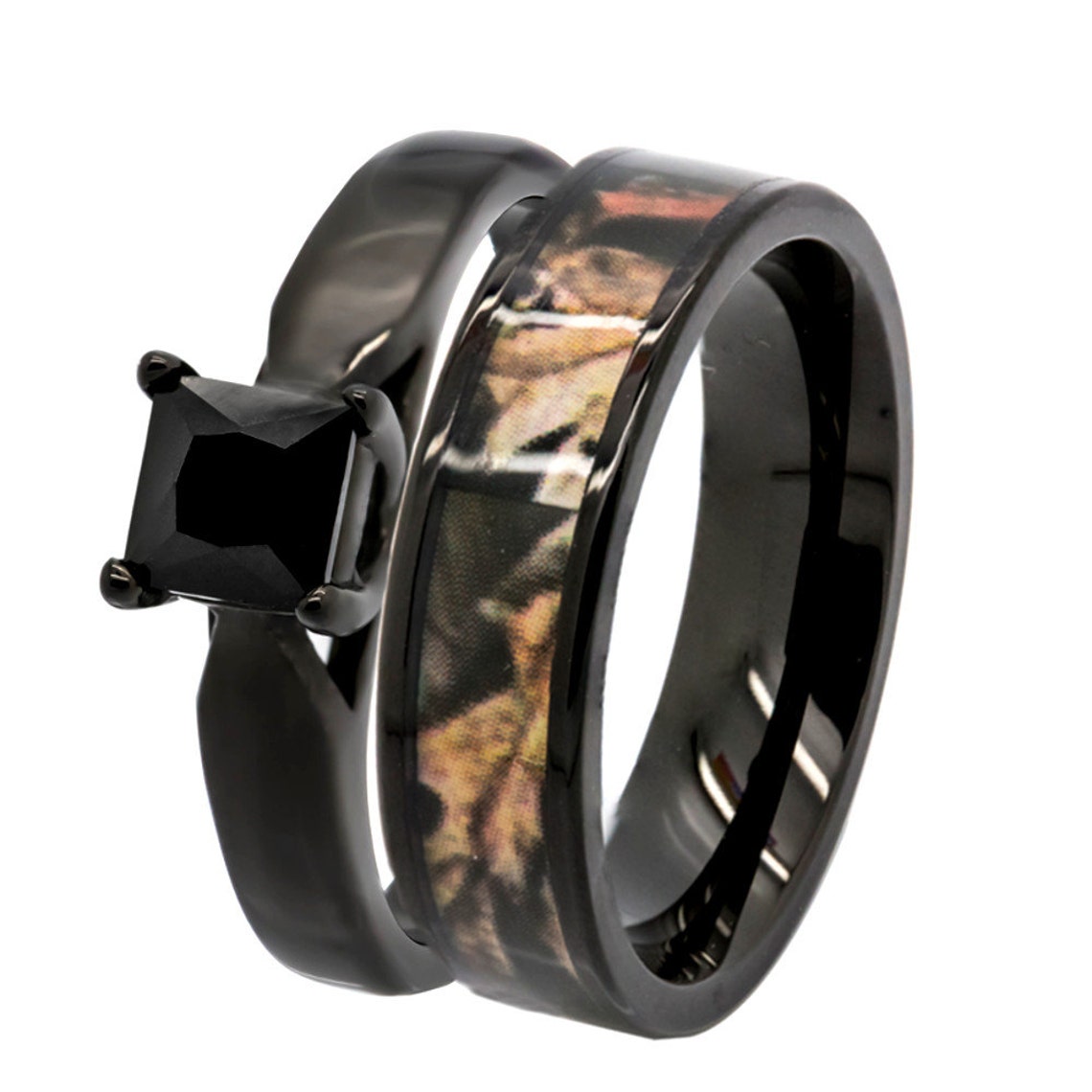 His & Hers Camo Wedding Ring Set 1.25 Ct Natural Black Spinel Etsy
