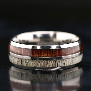 Natural Deer Antler Ring with Koa Wood Inlay - Unisex Wedding Band Titanium Hunter Ring  - FREE Engraving