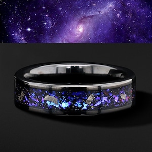Nebula Meteorite Ring Wedding Band With Opal Tungsten Wedding ring - FREE ENGRAVING
