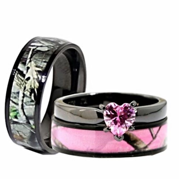 His Tungsten Camo and Her Purple cz Black Plated engagement wedding ring set New 