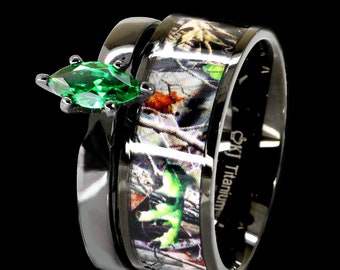 Women's Camo Ring Set Hypoallergenic Engagement Rings Green Marquise Wedding Rings Set