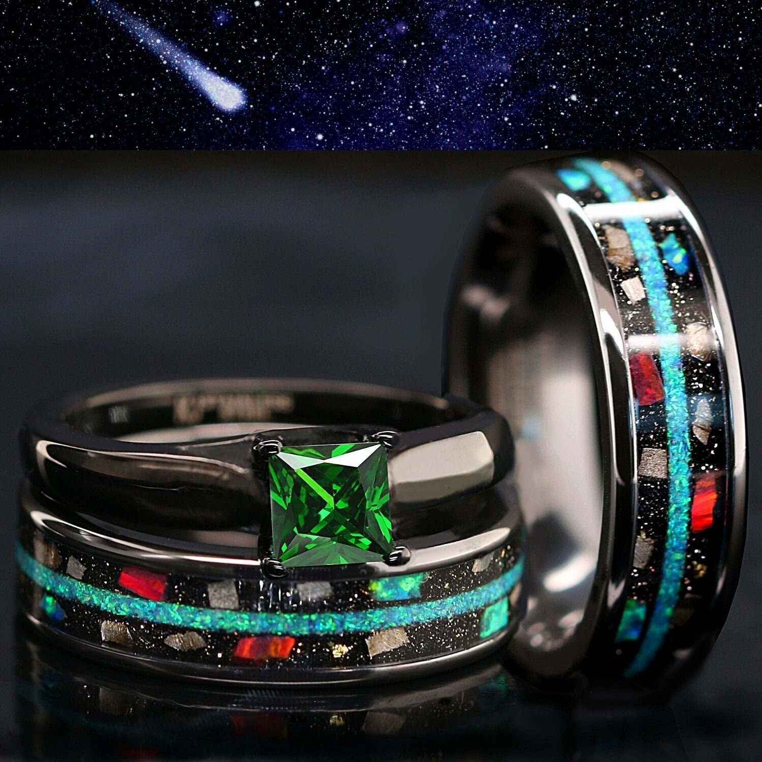 Opal Rings For Men His Hers 3pc Black Opal Real Meteorite Ring