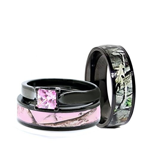 His And Hers Camo Wedding Rings Set Black Plated Titanium And Etsy