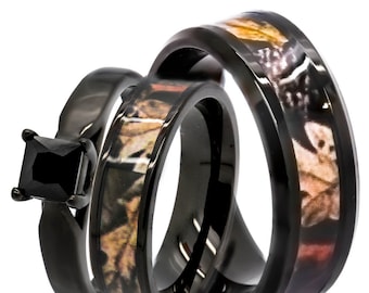 His & Hers Camo Wedding Ring Set 1.25 ct Natural Black Spinel Engagement Ring Stainless Steel Engagement Rings set