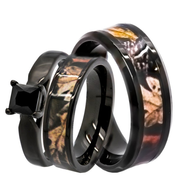 His & Hers Black Camo Wedding Ring Set Black Spinel Engagement Ring Surgical Stainless Steel Wedding Rings Set