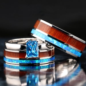 His and Her 3 piece Wedding Ring Set Opal Ring Hawaiian Koa Wood Bands Stainless Steel Sterling Silver Engagement Ring Set - Free Engraving