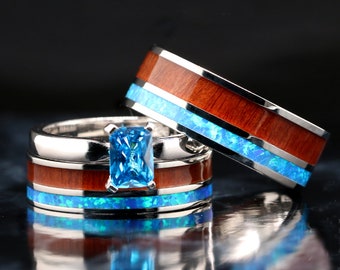 His and Her 3 piece Wedding Ring Set Opal Ring Hawaiian Koa Wood Bands Stainless Steel Sterling Silver Engagement Ring Set - Free Engraving