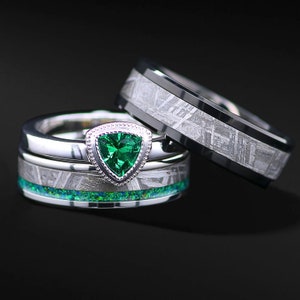 His & Hers Genuine Meteorite Engagement and Wedding Ring Set, Unique Handcrafted Galactic Love Symbol FREE ENGRAVING