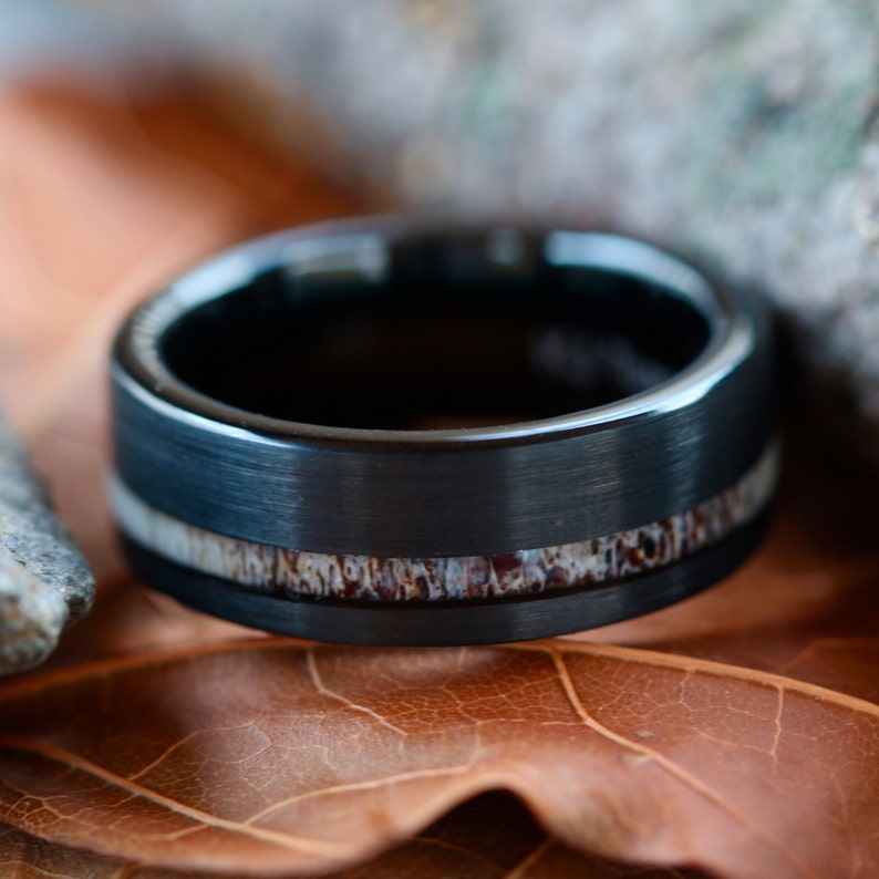 FREE Engraving Unisex Wedding Band Hunter Ring Black Tungsten Deer Antler Ring
