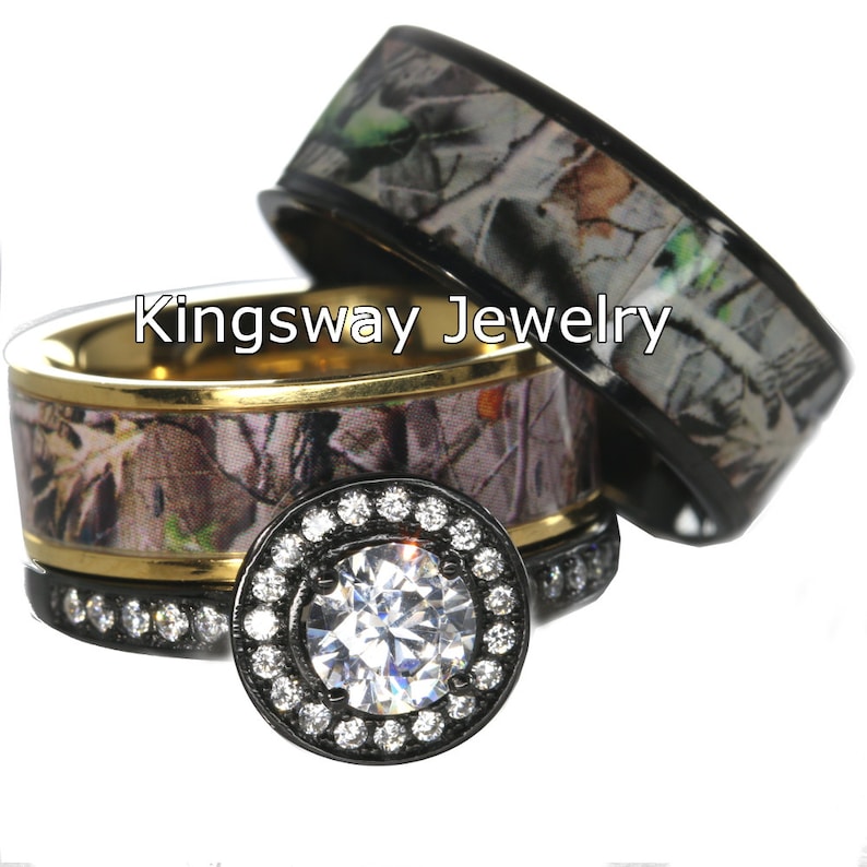 His &amp; Hers Camo Wedding Ring Set Black Titanium and