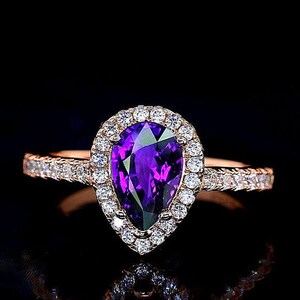 Gold Plated Sterling Silver Mother Ring Purple Pear Drop Diamond Mothers Day Gift