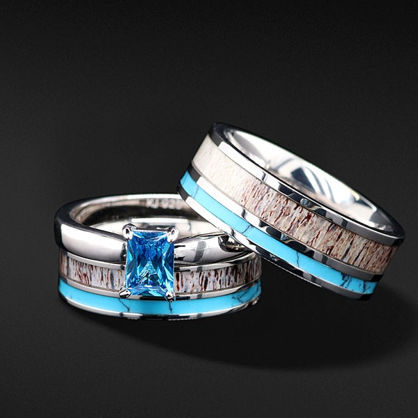 His & Her Natural Deer Antler Ring Set Turquoise Engagement Rings - 3 piece Wedding Ring Set