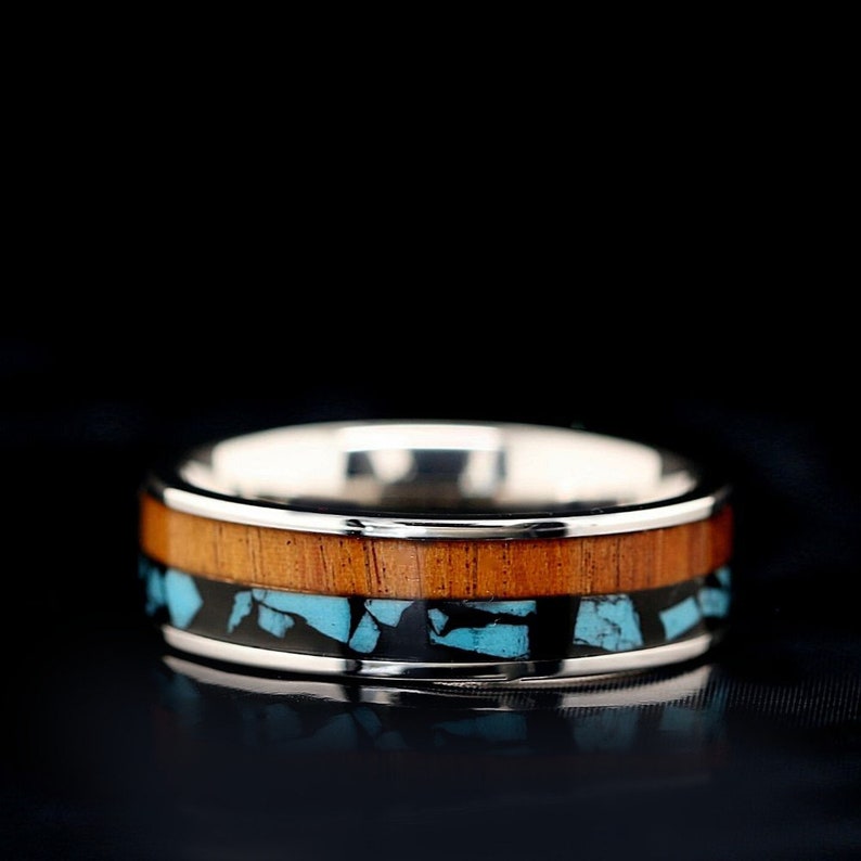 His and Her 3 Piece Hawaiian Koa Wood Ring Set Turquoise Etsy