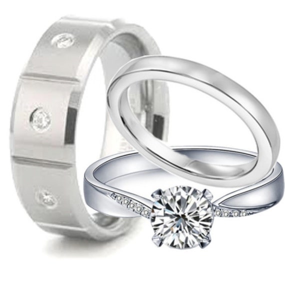 Anillo de boda de 3 piezas Juego de plata de ley y anillos de | Etsy México