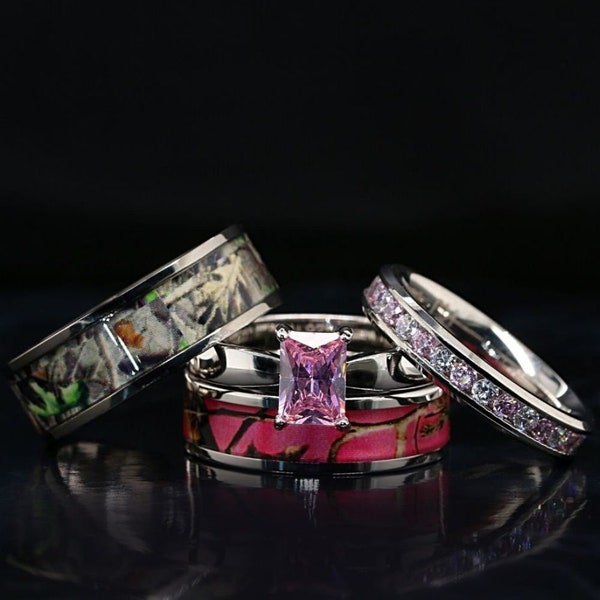 4 piece His and Her Camo Wedding Ring Set Stainless Steel Sterling Silver Wedding/Engagement Ring Set
