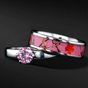 Pink Camo Ring Set Stainless Steel 2 piece Engagement Wedding Ring Set