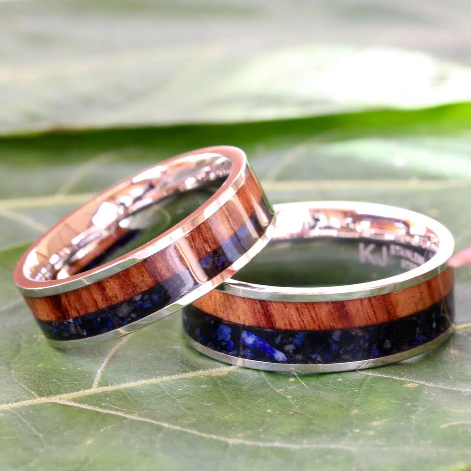 His and Her 3 Piece Lapis Lazuli Wedding Band Set Koa Wood Wedding Ring His and Her 3 Piece Lapis Lazuli Wedding Band Set Koa Wood Wedding Ring