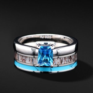 2 pc Natural Deer Antler Turquoise Ring Cubic Zirconia Wedding Ring Set - FREE Engraving
