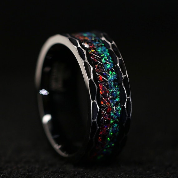 Fire Opal Ring Meteorite Wedding Band Stainless Steel Opal Wedding