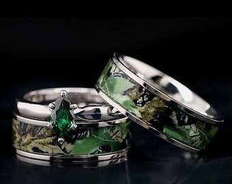 His and Hers Green Camo Ring Set Green Marquis Stainless Steel and