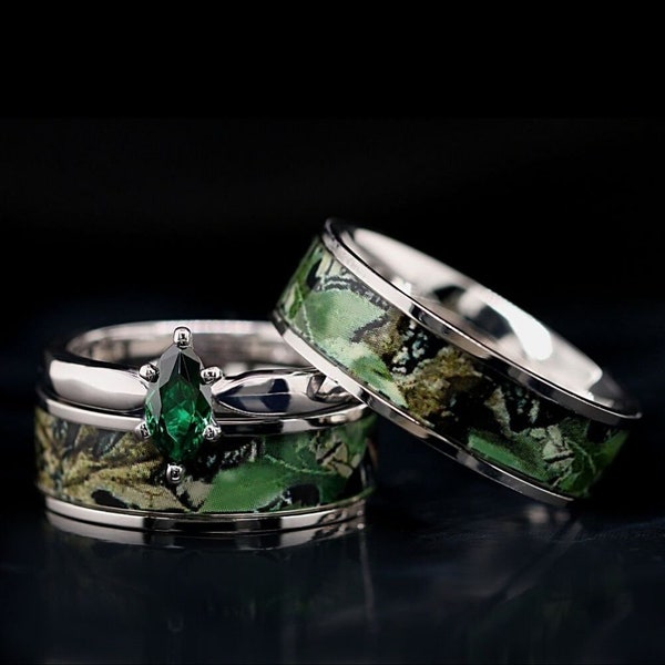 His and Hers Green Camo Ring Set Green Marquis Stainless Steel and Sterling Silver Wedding Ring Set Green Camo Wedding Rings