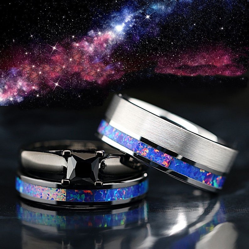 His and Her Opal Wedding Ring Set Purple Opal Ring 3 Piece Etsy
