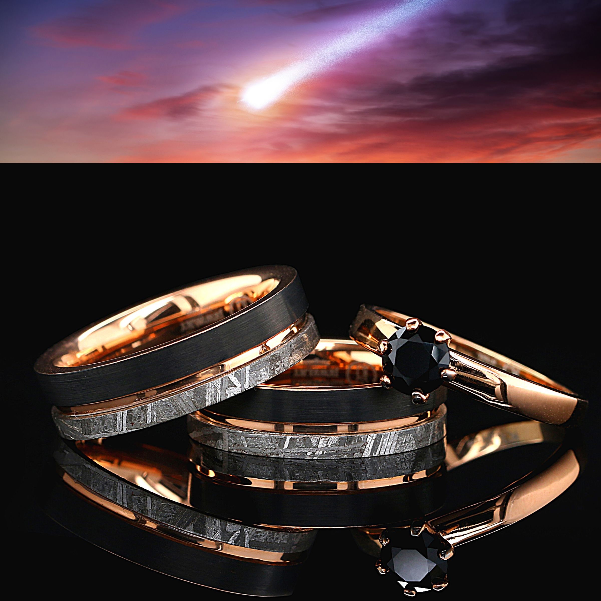 ★SENTIMENTS★ NO.309 [BLACK] ROUND METEOR RING 5.5MM Tungsten Carbide Ring - Meteorite Inlay with Eternity