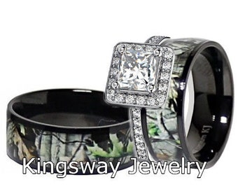 Mens & Womens Black Camo Wedding Ring Set Titanium Sterling Silver Engagement Rings - Free Engraving