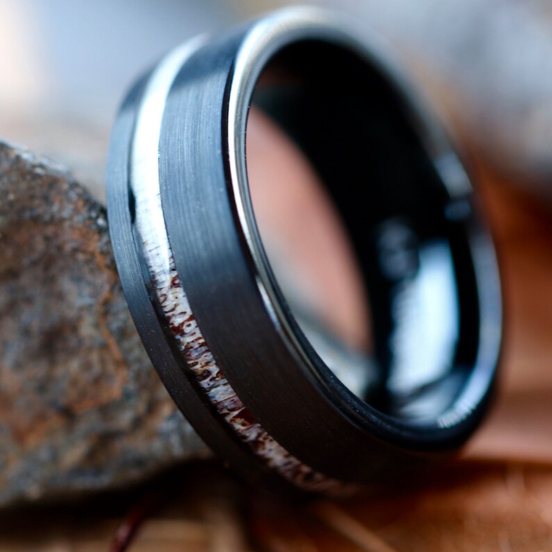 FREE Engraving Unisex Wedding Band Hunter Ring Black Tungsten Deer Antler Ring