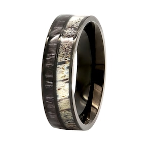 Black Deer Antler Black Koa Wood Ring - Stainless Steel Hunter Ring Hunter Band - FREE Engraving