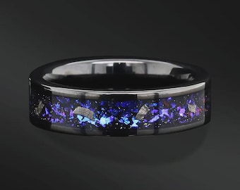 Nebula Meteorite Ring Wedding Band With Opal Tungsten Wedding ring - FREE ENGRAVING