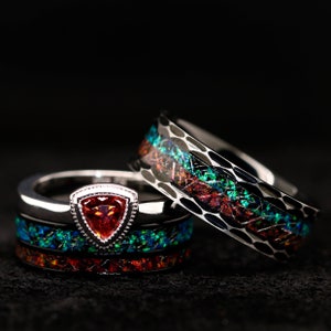 His and Her Fire Opal Ring Set Meteorite Wedding Ring Set Stainless Steel Opal Wedding Rings