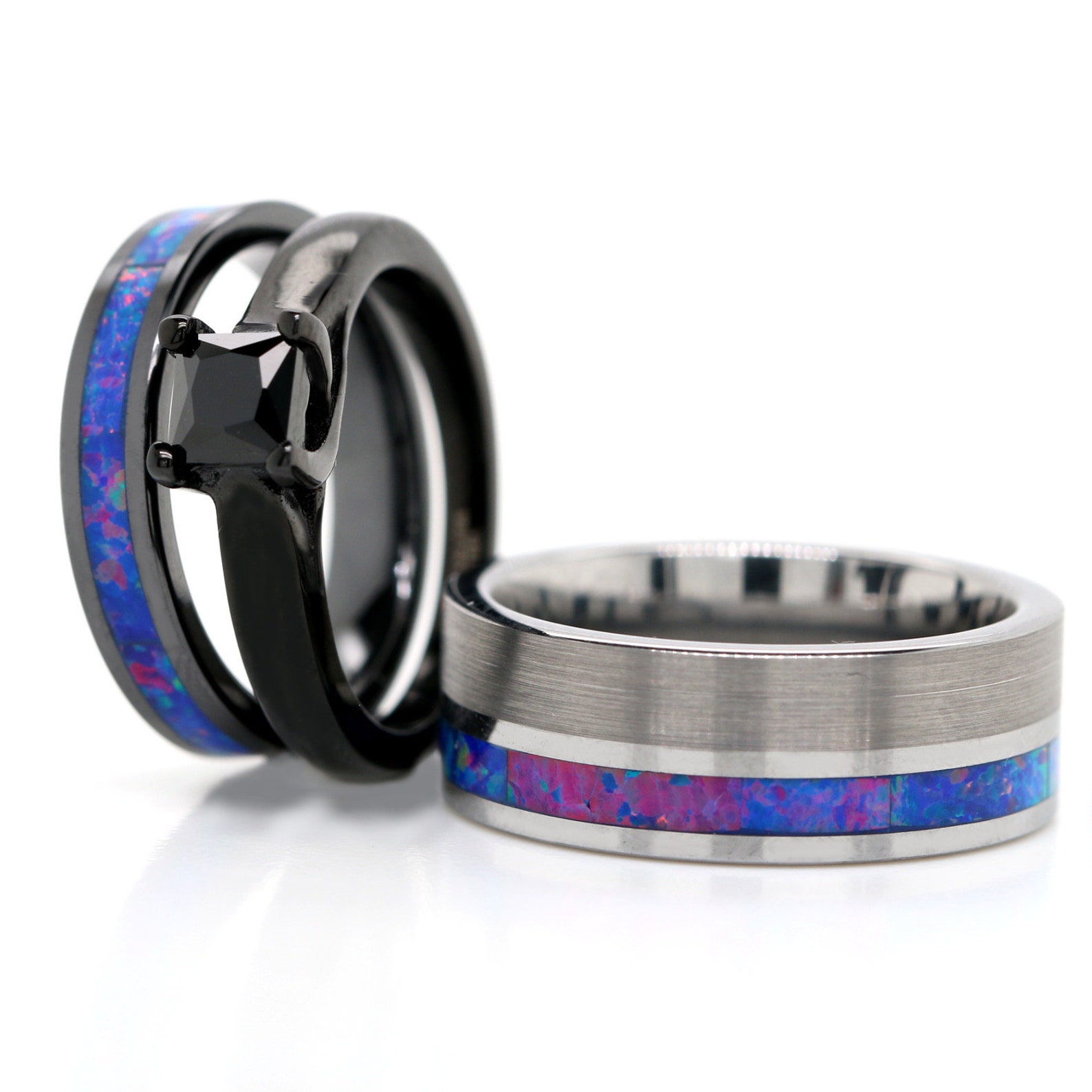 His and Her Opal Wedding Ring Set Purple Opal Ring 3 Piece Etsy