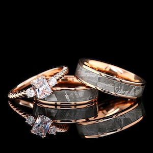 Meteorite Rings, His Hers 3 pcs 14K Gold Plated Ring, Sterling Silver & Stainless Steel Wedding Rings FREE ENGRAVING