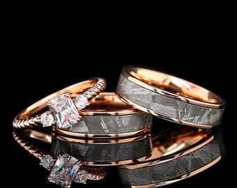 Meteorite Rings, His Hers 3 pcs 14K Gold Plated Ring, Sterling Silver & Stainless Steel Wedding Rings FREE ENGRAVING