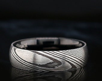 6mm Damascus Steel Ring Mokume Gane Wedding Band Waterproof Durable - FREE ENGRAVING