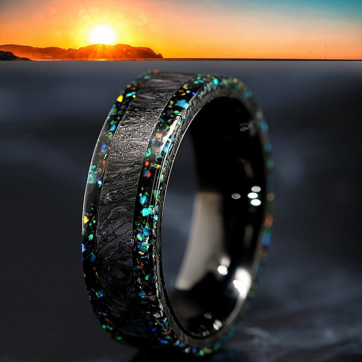Carbon Fiber Band Opal Ring Opal Wedding Band Blue Etsy