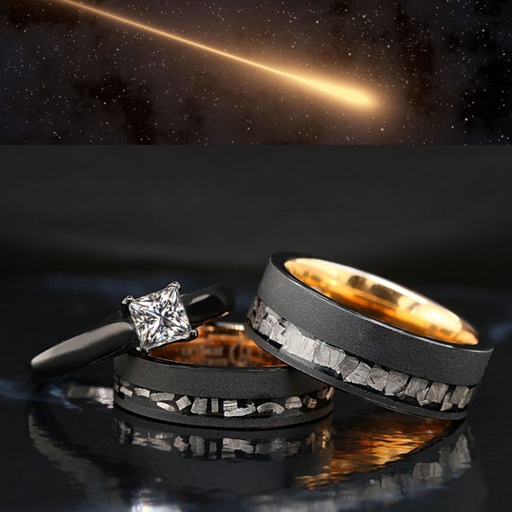 His Hers 3 Pcs 14K Gold Plated Meteorite Ring Set 10 / 9