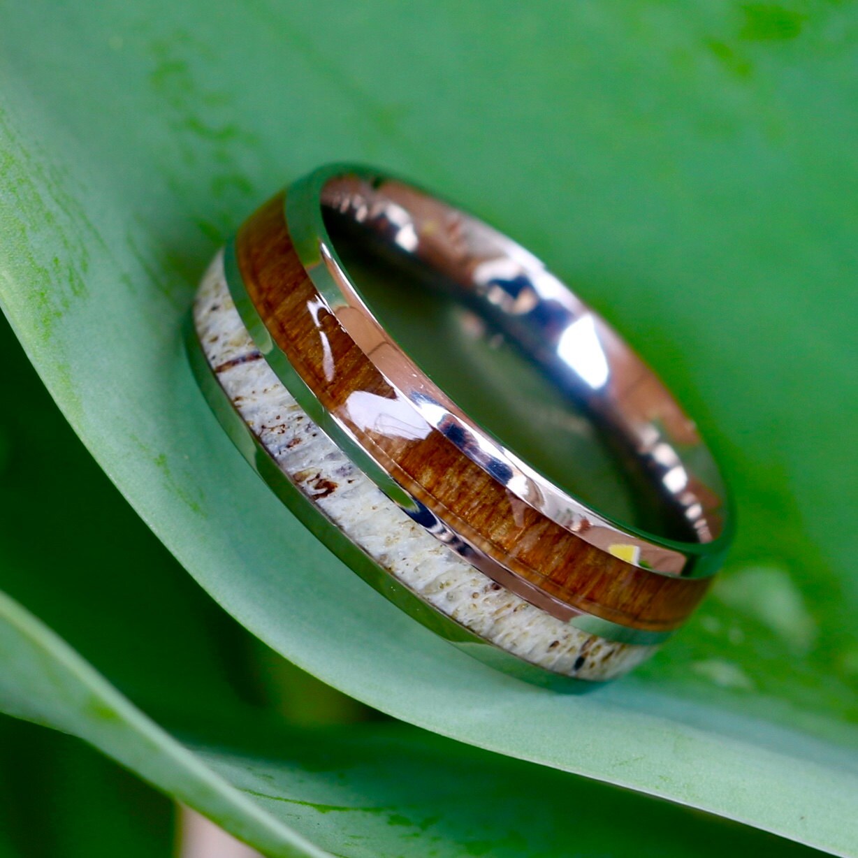 Custom Engraved Natural Deer Antler Ring with Koa Wood
