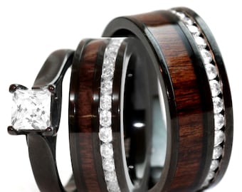 His & Hers Hawaiian Koa Wood Ring Set Black Stainless Steel Wedding Rings