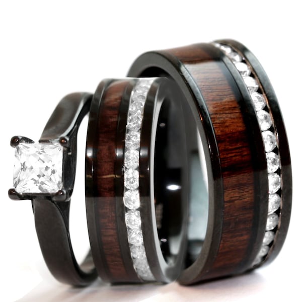 His & Hers Hawaiian Koa Wood Ring Set Black Stainless Steel Wedding Rings