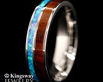 Opal Ring Wedding Band Hawaiian Koa Wood Ring Stainless Steel Engagement Ring - FREE Engraving