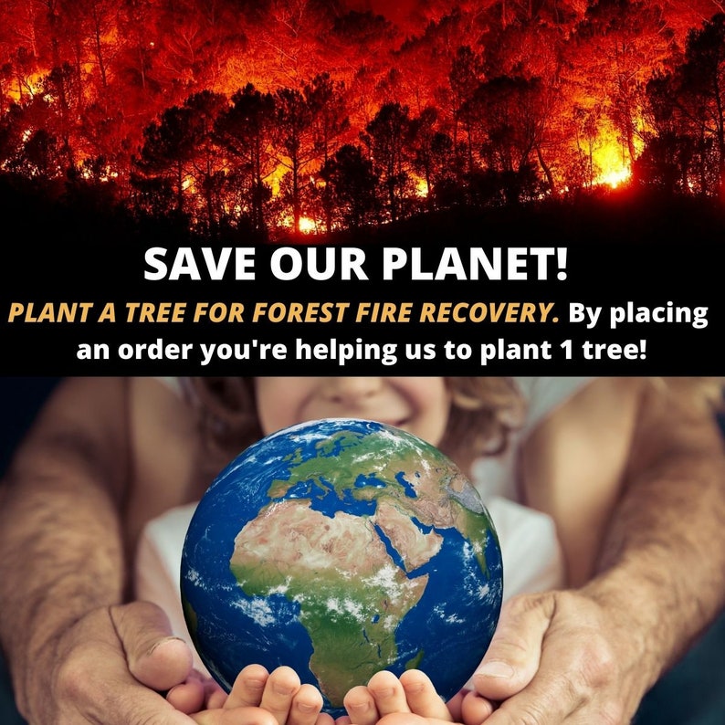 Peut inclure: Un graphique montrant un incendie de for&ecirc;t avec des flammes orange vif et des silhouettes d'arbres noires. Le texte indique : SAVE OUR PLANET! PLANT A TREE FOR FOREST FIRE RECOVERY. By placing an order you're helping us to plant 1 tree! Un globe.